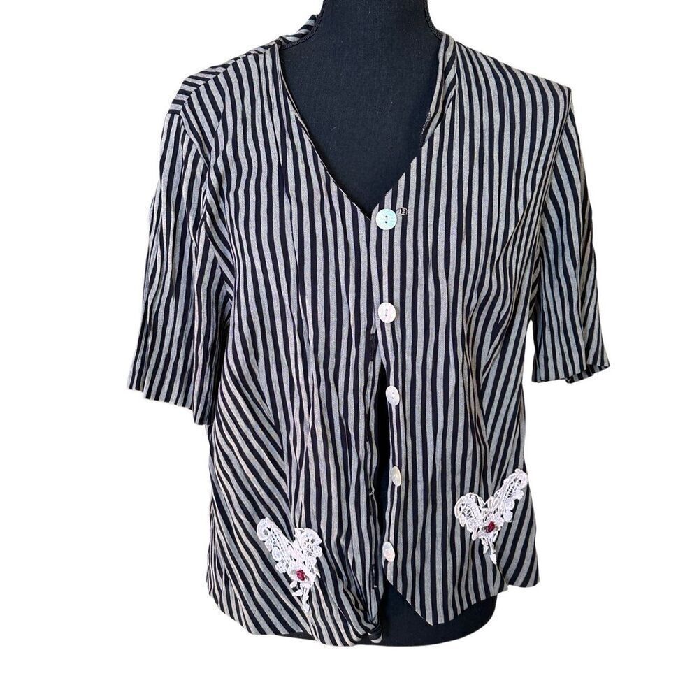 Vintage Lady Dorby Black & White Striped Button Down Blouse